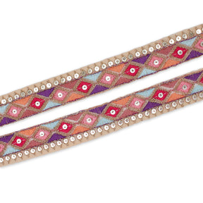 1 25 Inch Diamond Geometric Sequined Metallic Corded Embroidered Trim SV581448 Sand A1