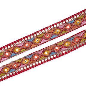 1 25 Inch Diamond Geometric Sequined Metallic Corded Embroidered Trim SV581503 Red A1
