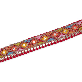1 25 Inch Diamond Geometric Sequined Metallic Corded Embroidered Trim SV581503 Red A2