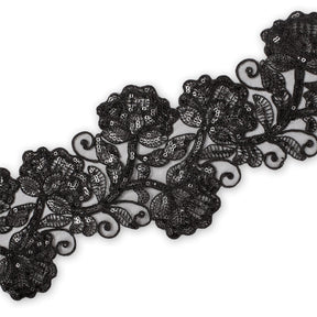Floral Vine Corded Sequin Embroidery On 4 Inch Scalloped Mesh Lace Trim SV582514 Black Image A3
