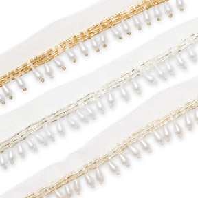 1.25 Inch Beaded Tassel Fringe On Sheer Mesh Fabric Trim Group Image