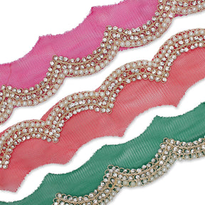 3 Inch Scalloped Regal Rhinestones Beads Metallic Cording On Polyester Mesh Trim Group