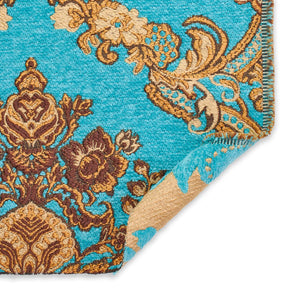 Victorian Damask Metallic Chenille Upholstery Brocade Jacquard Fabric SV579880 Turquoise / Gold 3
