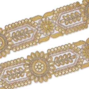 2 5 Inch Sunflower Floral Sequined Metallic Cording With Embroidery On Mesh Trim SV580395 Antique Gold A1