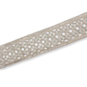 2 5 Inch Geometric Rhinestone Beaded Sequin Corded Eyelet Lace Trim SV580399 Silver A2