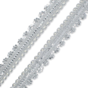 1 Inch Floral Striped Corded Sequin Mesh Trim SV580400 Silver A1
