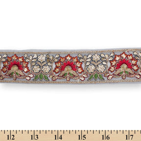1 75 Inch Floral Bloom Sequin Metallic Corded Embroidery Net Mesh Trim SV580402 Silver A9