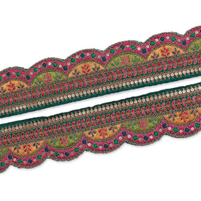 2 25 Inch Multicolor Metallic Leaf Sequin Corded Woven Embroidered Trim SV580406 Hunter Green A1