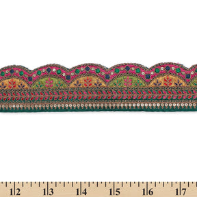 2 25 Inch Multicolor Metallic Leaf Sequin Corded Woven Embroidered Trim SV580406 Hunter Green A9