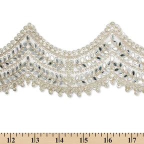 4 Inch Floral Mirror Beaded Rhinestone Metallic Corded Mesh Trim SV580410 Silver A9