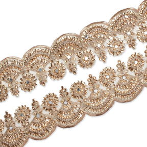 2.5 Inch Floral Metallic Cording With Rhinestones & Embroidery On Mesh Fabric Trim SV580425 Copper A4