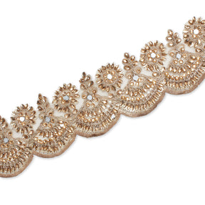 2.5 Inch Floral Metallic Cording With Rhinestones & Embroidery On Mesh Fabric Trim SV580425 Copper A3