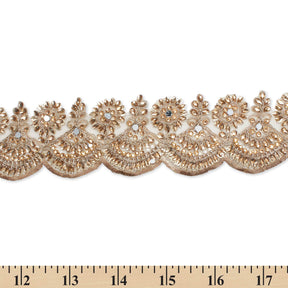 2.5 Inch Floral Metallic Cording With Rhinestones & Embroidery On Mesh Fabric Trim SV580425 Copper A9