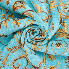 Floral Scroll Metallic Chenille Upholstery Jacquard Fabric SV581279 Turquoise / Gold 2