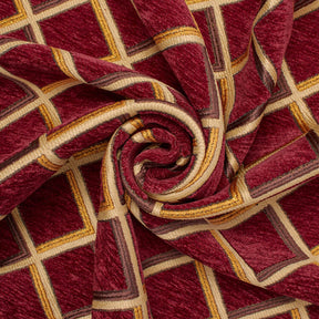 Geometric Grid Metallic Chenille Upholstery Jacquard Fabric SV581281 Burgundy Gold A2