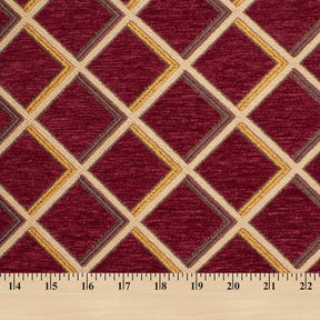 Geometric Grid Metallic Chenille Upholstery Jacquard Fabric SV581281 Burgundy Gold A9