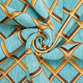Geometric Grid Metallic Chenille Upholstery Jacquard Fabric SV581282 Turquoise Gold A2