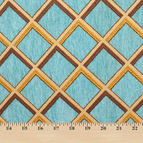 Geometric Grid Metallic Chenille Upholstery Jacquard Fabric SV581282 Turquoise Gold A9