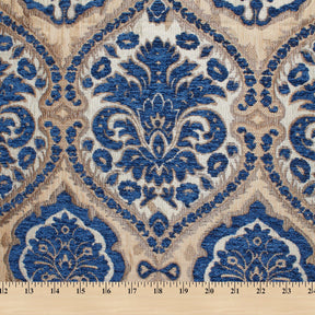 Baroque Floral Two Tone Polyester Chenille Damask Jacquard Fabric SV581286 Beige / Royal Blue 4