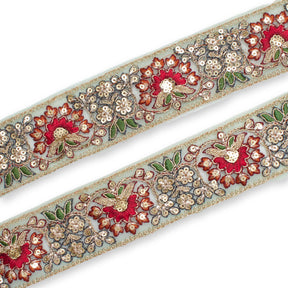 1 75 Inch Floral Bloom Sequin Metallic Corded Embroidery Net Mesh Trim SV581372 Sage A1
