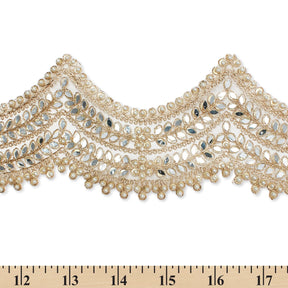 4 Inch Floral Mirror Beaded Rhinestone Metallic Corded Mesh Trim SV581376 Gold A9