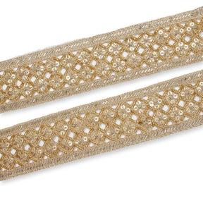 2 5 Inch Geometric Rhinestone Beaded Sequin Corded Eyelet Lace Trim SV581425 Gold A1