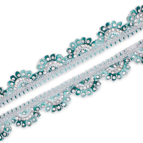 1 Inch Rhinestone Metallic Cording On Scalloped Embroidered Trim SV581433 Aqua A1