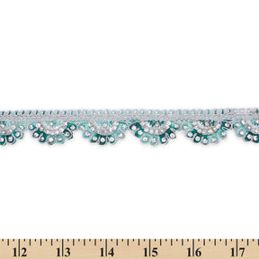 1 Inch Rhinestone Metallic Cording On Scalloped Embroidered Trim SV581433 Aqua A9