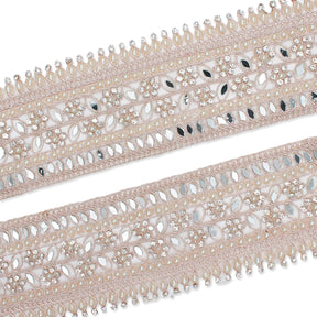 2 5 Inch Beaded Rhinestone Floral Mirrored Leafy Metallic Corded Mesh Lace Trim SV581890 Beige A1