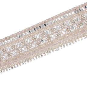 2 5 Inch Beaded Rhinestone Floral Mirrored Leafy Metallic Corded Mesh Lace Trim SV581890 Beige A2