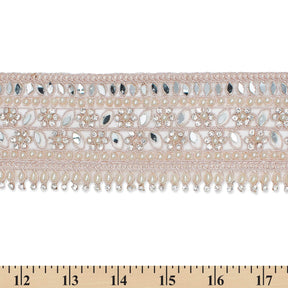 2 5 Inch Beaded Rhinestone Floral Mirrored Leafy Metallic Corded Mesh Lace Trim SV581890 Beige A9