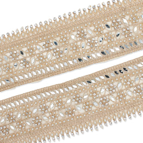 2 5 Inch Beaded Rhinestone Floral Mirrored Leafy Metallic Corded Mesh Lace Trim SV581891 Champagne A1