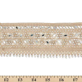 2 5 Inch Beaded Rhinestone Floral Mirrored Leafy Metallic Corded Mesh Lace Trim SV581891 Champagne A9