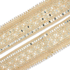 2 5 Inch Beaded Rhinestone Floral Mirrored Leafy Metallic Corded Mesh Lace Trim SV581892 Antique Gold A1