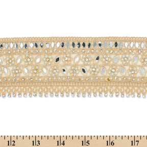 2 5 Inch Beaded Rhinestone Floral Mirrored Leafy Metallic Corded Mesh Lace Trim SV581892 Antique Gold A9