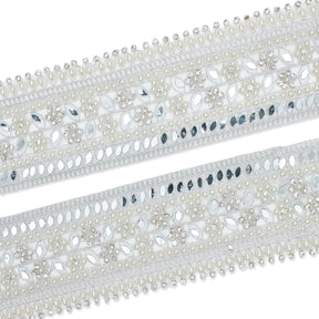 2 5 Inch Beaded Rhinestone Floral Mirrored Leafy Metallic Corded Mesh Lace Trim SV581893 Silver A1