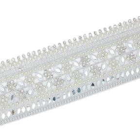 2 5 Inch Beaded Rhinestone Floral Mirrored Leafy Metallic Corded Mesh Lace Trim SV581893 Silver A2