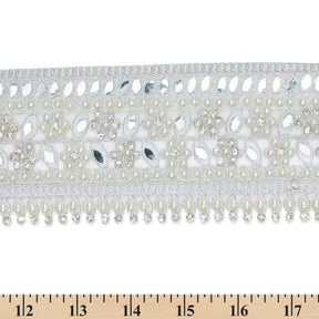 2 5 Inch Beaded Rhinestone Floral Mirrored Leafy Metallic Corded Mesh Lace Trim SV581893 Silver A9