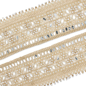 2 5 Inch Beaded Rhinestone Floral Mirrored Leafy Metallic Corded Mesh Lace Trim SV581894 Pale Gold A1