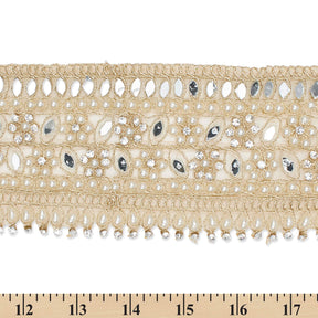 2 5 Inch Beaded Rhinestone Floral Mirrored Leafy Metallic Corded Mesh Lace Trim SV581894 Pale Gold A9