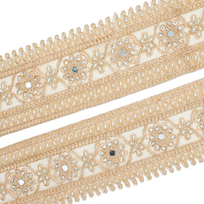 2 5 Inch Daisy Flower Rhinestone Beaded Metallic Cording On Mesh Lace Trim SV581895 Champagne A1