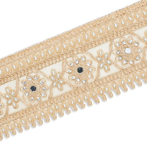 2 5 Inch Daisy Flower Rhinestone Beaded Metallic Cording On Mesh Lace Trim SV581895 Champagne A2