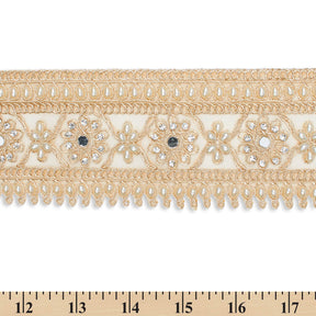 2 5 Inch Daisy Flower Rhinestone Beaded Metallic Cording On Mesh Lace Trim SV581895 Champagne A9