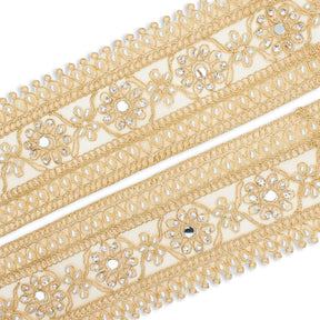 2 5 Inch Daisy Flower Rhinestone Beaded Metallic Cording On Mesh Lace Trim SV581896 Antique Gold A1