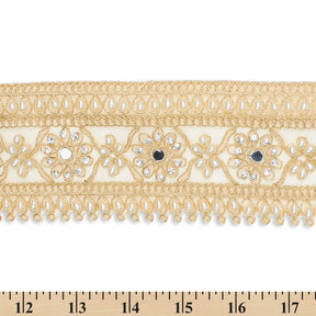 2 5 Inch Daisy Flower Rhinestone Beaded Metallic Cording On Mesh Lace Trim SV581896 Antique Gold A9