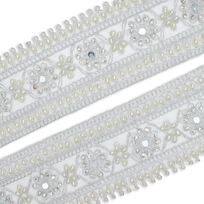 2 5 Inch Daisy Flower Rhinestone Beaded Metallic Cording On Mesh Lace Trim SV581897 Silver A1