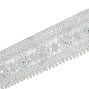 2 5 Inch Daisy Flower Rhinestone Beaded Metallic Cording On Mesh Lace Trim SV581897 Silver A2