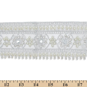 2 5 Inch Daisy Flower Rhinestone Beaded Metallic Cording On Mesh Lace Trim SV581897 Silver A9