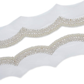 3 Inch Scalloped Regal Rhinestones Beads Metallic Cording On Polyester Mesh Trim SV581909 Off White A1