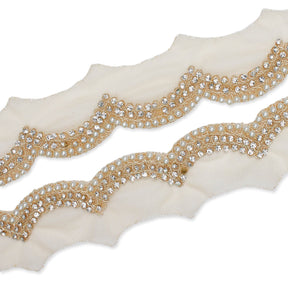 2 Inch Scalloped Regal Rhinestones Beads Metallic Cording On Polyester Mesh Trim SV582085 Beige A1